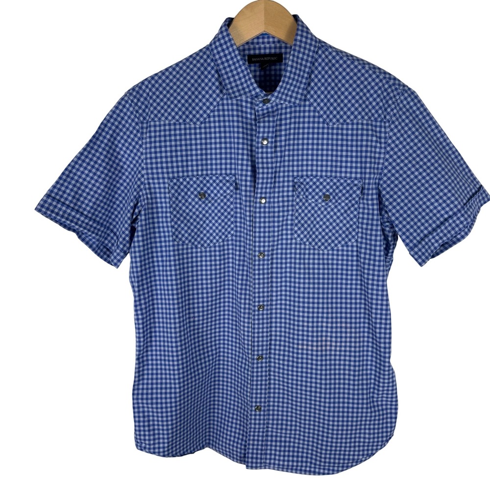 Banana Republic Gingham Western Shirt Mens L Purple Short Sleeve Snap Front